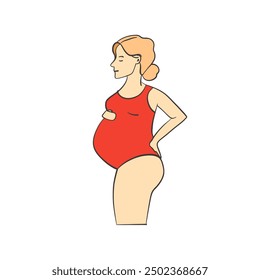 Pregnant woman, future mom. in red swimsuit. Flat vector illustration. Isolated