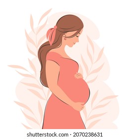 Pregnant woman, future mom, standing in nature and hugging belly with arms. Flat vector illustration.