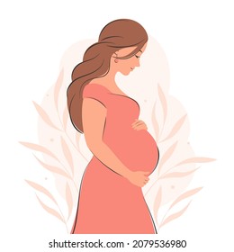 Pregnant woman, future mom, standing in nature and hugging belly with arms. Flat vector illustration.