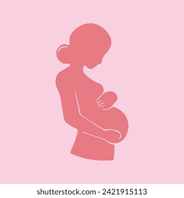 Pregnant woman, future mom, standing, rubbing and hugging belly with hands. Flat vector illustration.