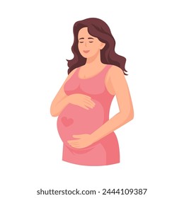 Pregnant woman, future mom, standing and  hugging belly with arms.Flat vector illustration isolated on white background