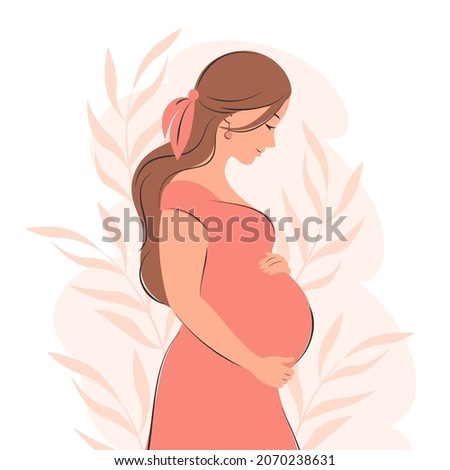 Pregnant woman, future mom, standing in nature and hugging belly with arms. Flat vector illustration.