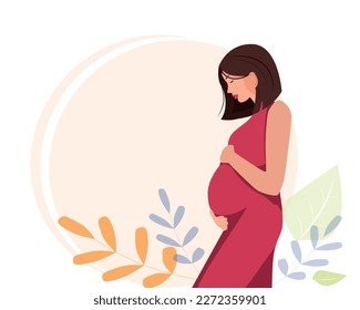 Pregnant woman, future mother and hugging her belly with arms. Vector illustration.