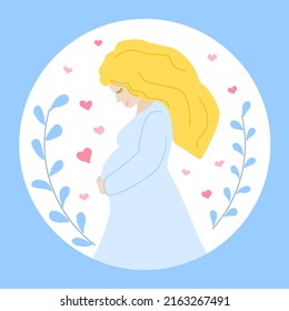 A pregnant woman, a future mother, hugs her belly with her hands. Flat vector illustration.