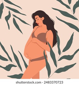Pregnant woman, future mother, standing against a background of leaves and hugging her belly with her arms in natural on-trend pastel colours.  Flat vector illustration.