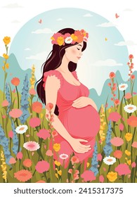 A pregnant woman, a gentle image. On a flower mountain meadow. On her loose dark hair, a wreath of flowers. In a sundress. Her arms hug her stomach. Pink color. Vector.
