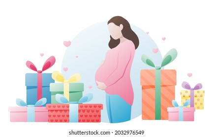 A pregnant woman gently hugs her stomach on a white background with gifts. Vector illustration in a flat style. The concept of a holiday, the Soul of a child. Pregnancy.