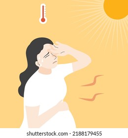 A pregnant woman get problem under the sun, flat vector illustration.