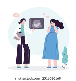 Pregnant woman getting an ultrasound. Happy pregnant woman consulting in gynecology office. Female patient talking with doctor in hospital. Medicine and pregnancy concept. flat vector illustration