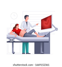 Pregnant woman is getting ultrasound scan from obstetrician in clinic. Pregnancy, gynecology, medicine, health care concept vector illustration. Elements are layered separately in vector files.