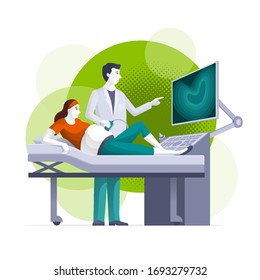 Pregnant woman is getting ultrasound scan from obstetrician in clinic. Pregnancy, gynecology, medicine, health care concept vector illustration. Easy editable global colors. 
