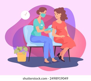 Pregnant woman getting vaccine booster. Nurse in mask giving shot or jab to pregnant girl flat vector illustration. Pregnancy, coronavirus, vaccination concept for banner or landing page