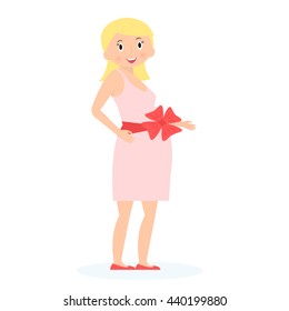 Pregnant woman with gift bow on belly. Expectation concept. Flat style. Vector Illustration