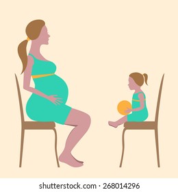 Pregnant woman and a girl with a ball sitting on a chair in front.