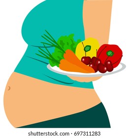 Pregnant woman. Girl with a bowl of fruit. Healthy eating. Healthy Lifestyle. Vector illustration.