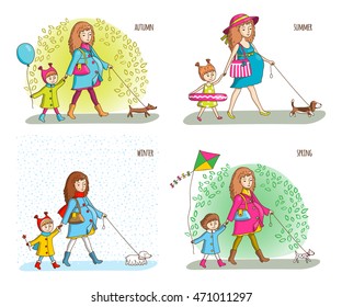 Pregnant woman, girl and dog. Four seasons. Spring, summer, autumn, winter. Vector illustration in cartoon style.