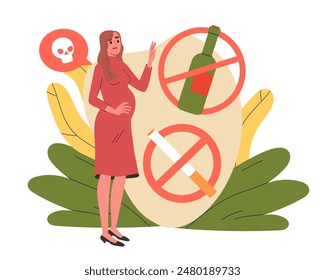 Pregnant woman gives up bad habits. Person refuse from alcohol and cigarettes. Young girl dont want nicotine and alcoholic products. Cartoon flat vector illustration isolated on white background
