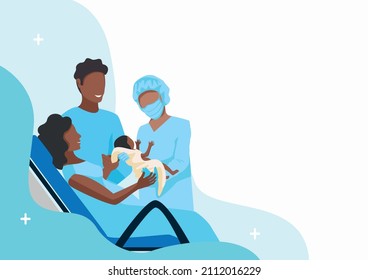 A pregnant woman gives birth to a baby in a maternity hospital. Partner childbirth. Thanks to the doctors and nurses. Vector horizontal illustration on an abstract minimalistic background.
