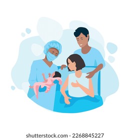 A pregnant woman gives birth to a baby in a maternity hospital. Partner childbirth. Thanks to the doctors and nurses. Vector horizontal illustration on an abstract minimalistic background.