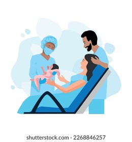 A pregnant woman gives birth to a baby in a maternity hospital. Partner childbirth. Thanks to the doctors and nurses. Vector horizontal illustration on an abstract minimalistic background.