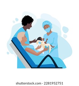 A pregnant woman gives birth to a baby in a maternity hospital. Partner childbirth. Thanks to the doctors and nurses. Vector illustration on an abstract minimalistic background.