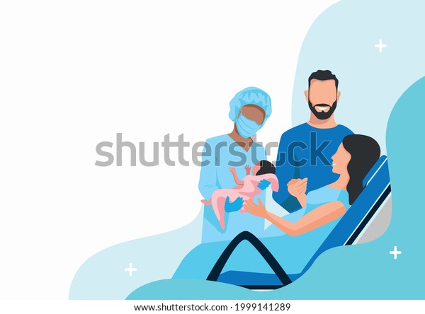 A pregnant woman gives birth to a baby in a
maternity hospital. Partner childbirth. Thanks to the doctors and
nurses. Vector horizontal illustration on an abstract minimalistic
background.