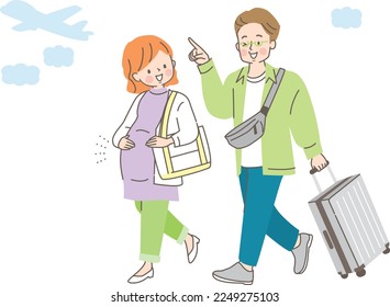 Pregnant woman giving birth back home and husband with luggage