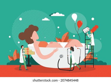 Pregnant woman giving childbirth in birth pool, flat vector illustration. Labour and delivery in warm water, pain relief