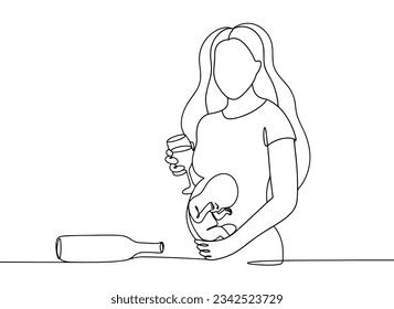 Pregnant woman with a glass of wine. Harm to the child. International Fetal Alcohol Spectrum Disorders Awareness Day. One line drawing for different uses. Vector illustration.