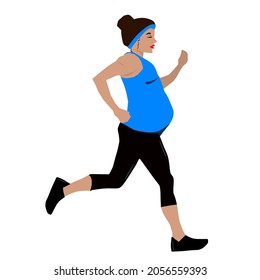 A pregnant woman goes in for sports, runs in the park. Vector illustration in a flat style. The concept of a healthy lifestyle. Pregnancy and sports