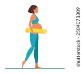 Pregnant woman going to do yoga. Young active pregnant woman with rolled mat. Woman in sportswear comes with armpit yoga mat. Maternal and baby health concept. Flat cartoon vector illustration
