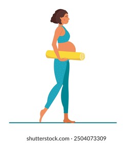 Pregnant woman going to do yoga. Young active pregnant woman with rolled mat. Woman in sportswear comes with armpit yoga mat. Maternal and baby health concept. Flat cartoon vector illustration