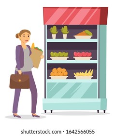 Pregnant woman going home from work. Lady with belly hold shopping bag from grocery. Products in supermarket, fruit and vegetable. Organic carrots and apples, oranges and bananas. Vector illustration