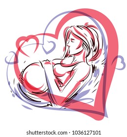 Pregnant woman graceful body outline surrounded by heart shape frame. Vector illustration of mother-to-be fondles her belly. Happiness and caress concept.