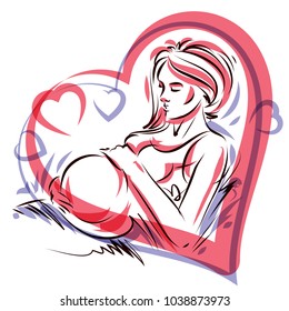 Pregnant woman graceful body outline surrounded by heart shape frame. Vector illustration of mother-to-be fondles her belly. Happiness and caress concept.
