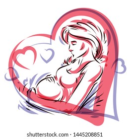 Pregnant woman graceful body outline surrounded by heart shape frame. Vector illustration of mother-to-be fondles her belly. Happiness and caress concept.