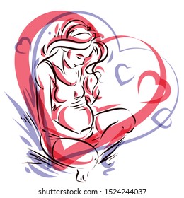 Pregnant woman graceful body outline surrounded by heart shape frame. Vector illustration of mother-to-be fondles her belly. Happiness and caress concept.