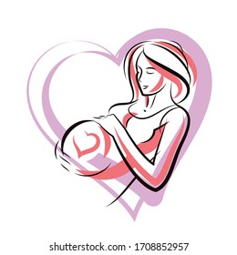 Pregnant woman graceful body outline surrounded by heart shape frame. Vector illustration of mother-to-be fondles her belly. Happiness and caress concept.