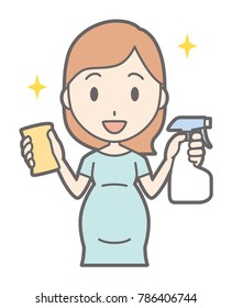 A pregnant woman in green dress is cleaning