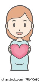 A pregnant woman in green dress has a heart mark