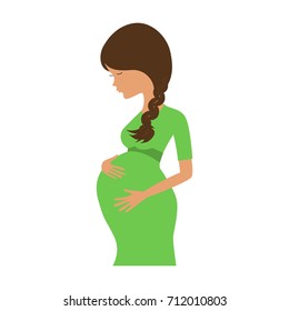 Pregnant woman in a green dress isolated on white background. Vector illustration.