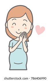 A pregnant woman in green dress is pleased