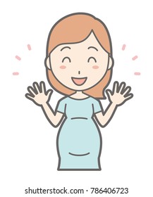 A pregnant woman in green dress spreads her hands
