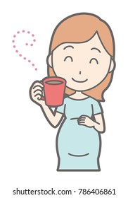 A pregnant woman in green drinking coffee