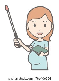 A pregnant woman in green's clothes has a stick with a smile