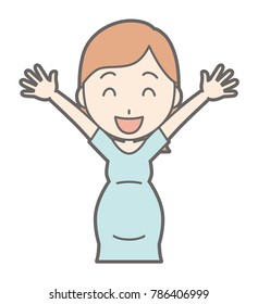A pregnant woman in green's clothes raises her hands