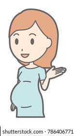 A pregnant woman in green's clothes is showing me around
