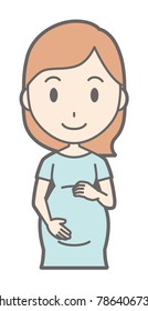 A pregnant woman in green's clothes stands facing forward