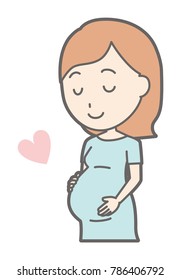 A pregnant woman in green's clothes is stomach watching with a smile