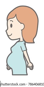 A pregnant woman in green's clothes is walking sideways